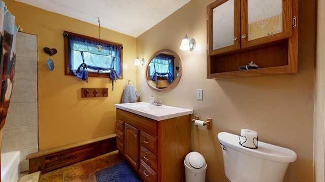 76 School St, Baldwin, ME 04024 - bathroom featuring vanity, toilet, curtained shower, and lofted ceiling