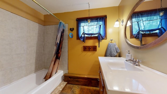 76 School St, Baldwin, ME 04024 - full bathroom with shower / bathtub combination with curtain and vanity