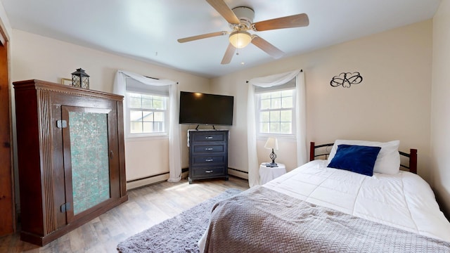 76 School St, Baldwin, ME 04024 - bedroom with light wood finished floors, ceiling fan, and baseboard heating