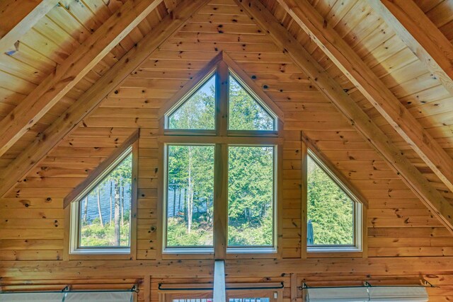 additional living space with wood walls, wooden ceiling, and plenty of natural light
