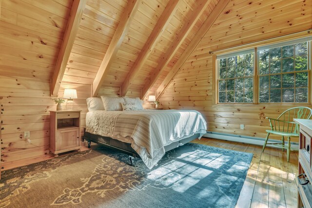bedroom featuring wooden ceiling, wood walls, a baseboard heating unit, and hardwood / wood-style flooring