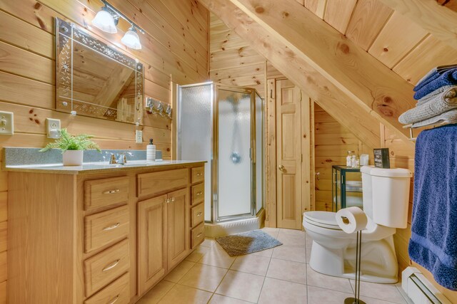 full bathroom featuring a baseboard radiator, wood walls, toilet, tile patterned floors, and a stall shower