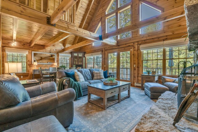 living room featuring wooden ceiling, wood walls, beamed ceiling, high vaulted ceiling, and a baseboard heating unit