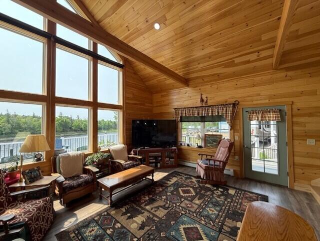 1027 Gardner Creek Rd, Wade, ME 04786 - living room featuring wood walls, wood finished floors, wooden ceiling, high vaulted ceiling, and baseboard heating