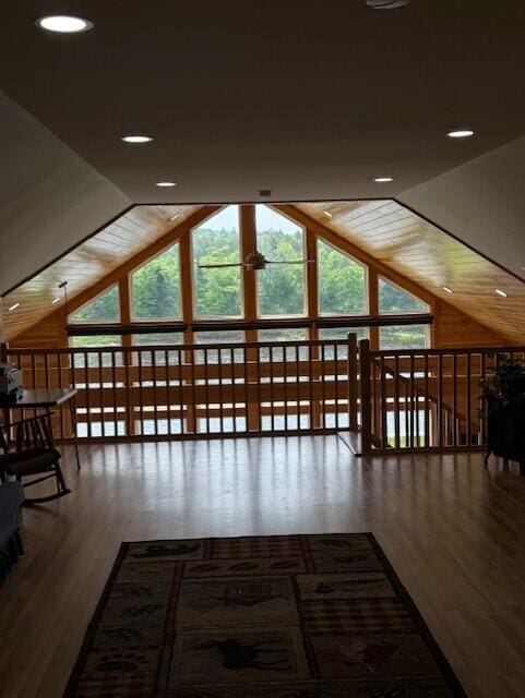 1027 Gardner Creek Rd, Wade, ME 04786 - bonus room with wood finished floors, plenty of natural light, ceiling fan, high vaulted ceiling, and recessed lighting