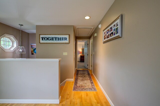 74 Spear Rd, Standish, ME 04084 - hallway with an upstairs landing, light wood finished floors, recessed lighting, and baseboards