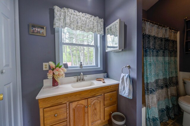74 Spear Rd, Standish, ME 04084 - bathroom with toilet, curtained shower, and vanity