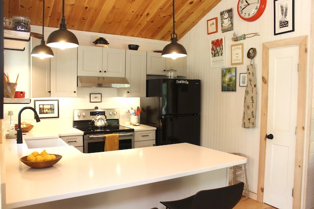382 Riverbend Rd, Brownfield, ME 04010 - kitchen featuring electric stove, freestanding refrigerator, under cabinet range hood, a sink, and a peninsula