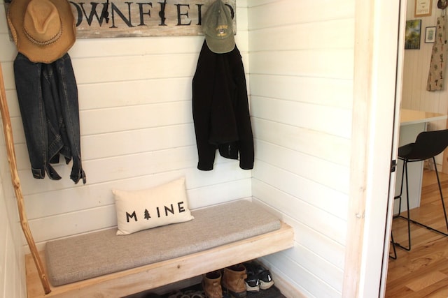 382 Riverbend Rd, Brownfield, ME 04010 - mudroom with wood finished floors and wood walls