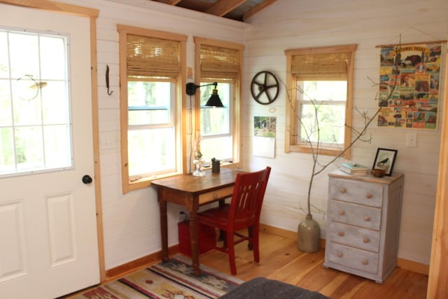 382 Riverbend Rd, Brownfield, ME 04010 - dining space featuring wood finished floors, baseboards, and wooden walls