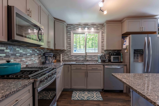188 Boothbay Rd, Edgecomb, ME 04556 - kitchen featuring stainless steel appliances, tasteful backsplash, light stone counters, dark wood-style flooring, and gray cabinetry