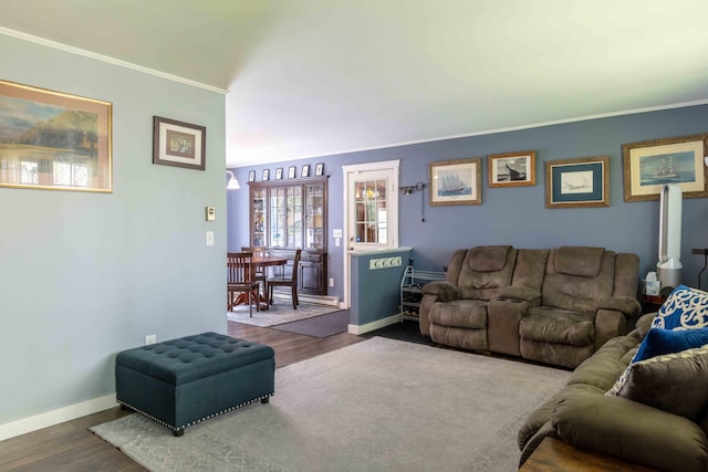 188 Boothbay Rd, Edgecomb, ME 04556 - living room featuring ornamental molding and wood finished floors