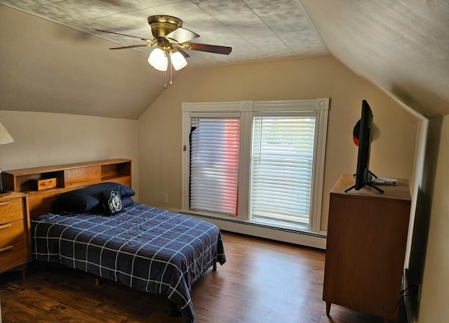 20 Sylvan Ave, Lewiston, ME 04240 - bedroom with lofted ceiling, wood finished floors, a baseboard heating unit, and a ceiling fan