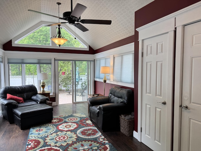 10 Goulet St, Lewiston, ME 04240 - living area featuring a ceiling fan, lofted ceiling, and wood finished floors