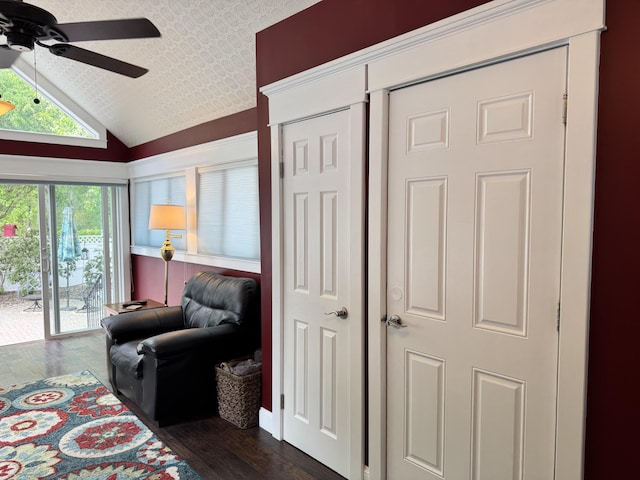 10 Goulet St, Lewiston, ME 04240 - bedroom featuring dark wood-style flooring, vaulted ceiling, access to outside, and a ceiling fan