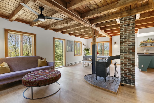 121 Heal Rd, Lincolnville, ME 04849 - living area with wood ceiling, baseboard heating, beamed ceiling, light wood-style floors, and ceiling fan