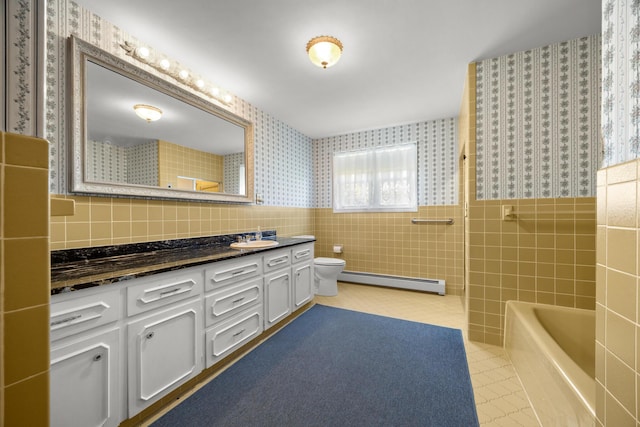 164 Dewitt Ave, Bangor, ME 04401 - full bathroom with baseboard heating, tile walls, toilet, wallpapered walls, and tile patterned floors