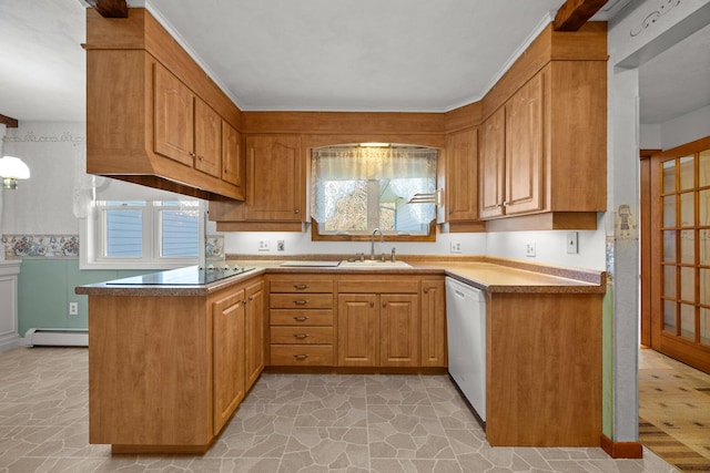 164 Dewitt Ave, Bangor, ME 04401 - kitchen with white dishwasher, black electric stovetop, a peninsula, a sink, and baseboard heating