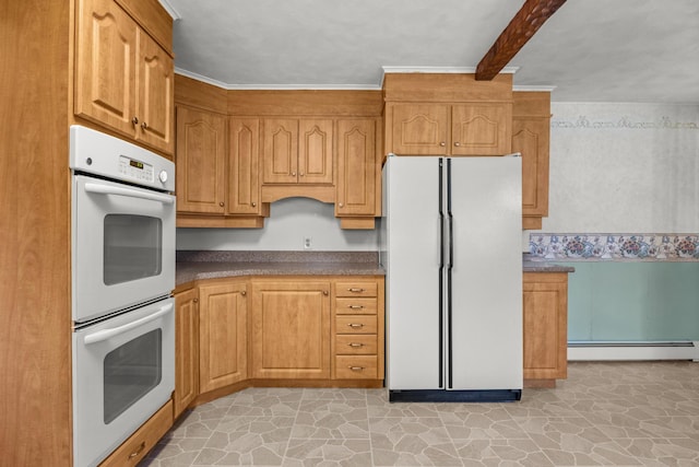 164 Dewitt Ave, Bangor, ME 04401 - kitchen featuring white appliances, a baseboard radiator, dark countertops, beam ceiling, and light stone finish floors