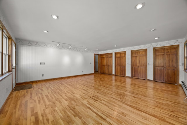 164 Dewitt Ave, Bangor, ME 04401 - unfurnished living room featuring light wood-type flooring, baseboards, recessed lighting, and wallpapered walls