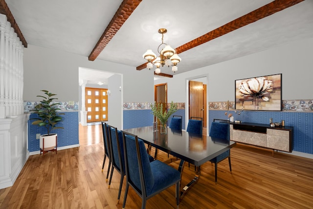 164 Dewitt Ave, Bangor, ME 04401 - dining space with a chandelier, beamed ceiling, wallpapered walls, wood finished floors, and baseboards
