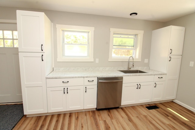 342 Spring Bridge Rd, Greenbush, ME 04418 - kitchen with stainless steel dishwasher, a sink, light wood-style floors, white cabinetry, and light stone countertops