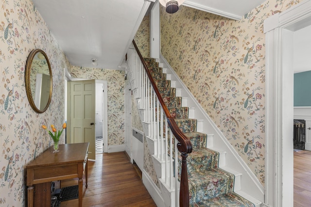 42 Winthrop St, Hallowell, ME 04347 - stairs featuring wallpapered walls and hardwood / wood-style flooring