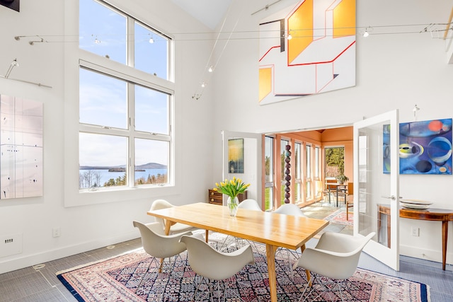 39 Kendall Farm Trl, Rangeley, ME 04970 - dining space with a high ceiling and french doors