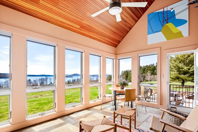 39 Kendall Farm Trl, Rangeley, ME 04970 - sunroom / solarium featuring wooden ceiling, stone tile flooring, and high vaulted ceiling