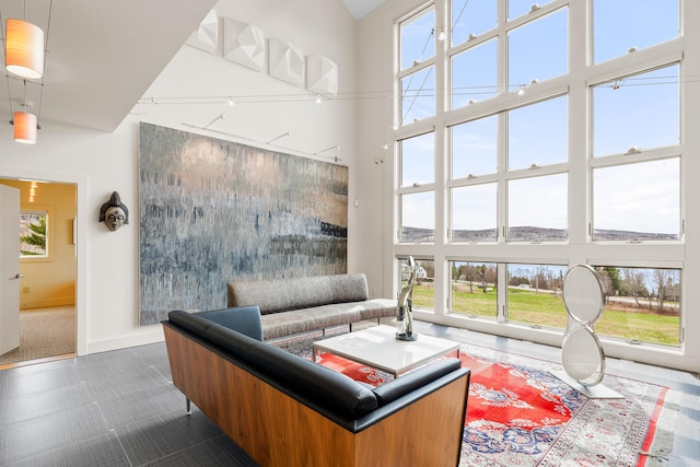 39 Kendall Farm Trl, Rangeley, ME 04970 - living area with a high ceiling and baseboards
