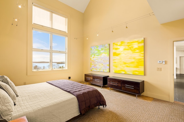 39 Kendall Farm Trl, Rangeley, ME 04970 - bedroom featuring multiple windows, high vaulted ceiling, and carpet flooring