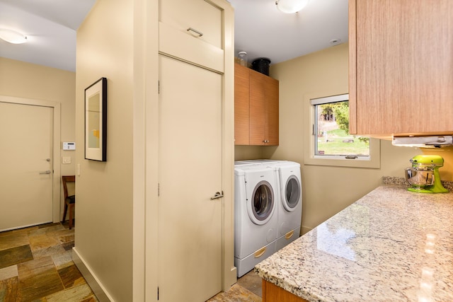39 Kendall Farm Trl, Rangeley, ME 04970 - laundry room with washer and dryer, cabinet space, and stone finish flooring
