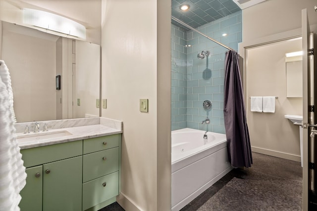 39 Kendall Farm Trl, Rangeley, ME 04970 - bathroom featuring shower / tub combo, vanity, and recessed lighting