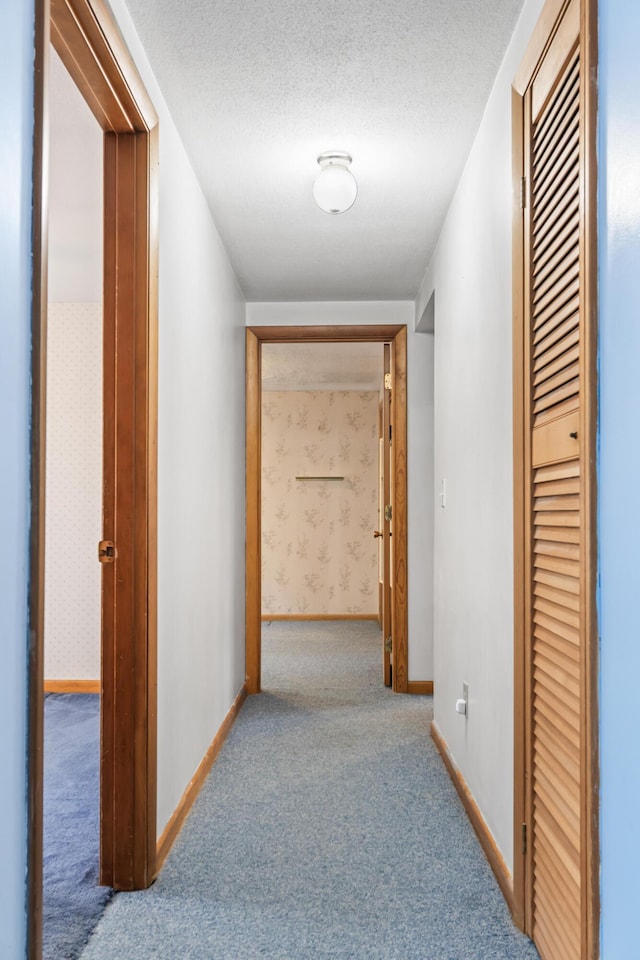 hall with carpet, baseboards, and a textured ceiling