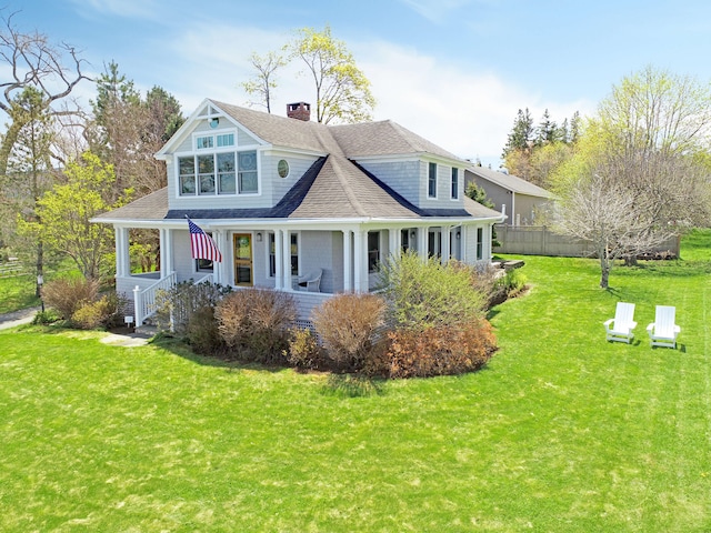 view of front facade featuring roof with shingles, a chimney, and a porch