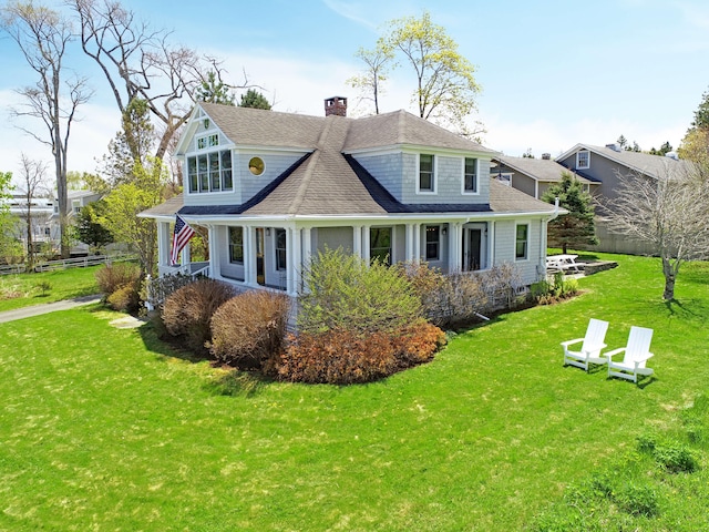 rear view of house with a chimney and roof with shingles