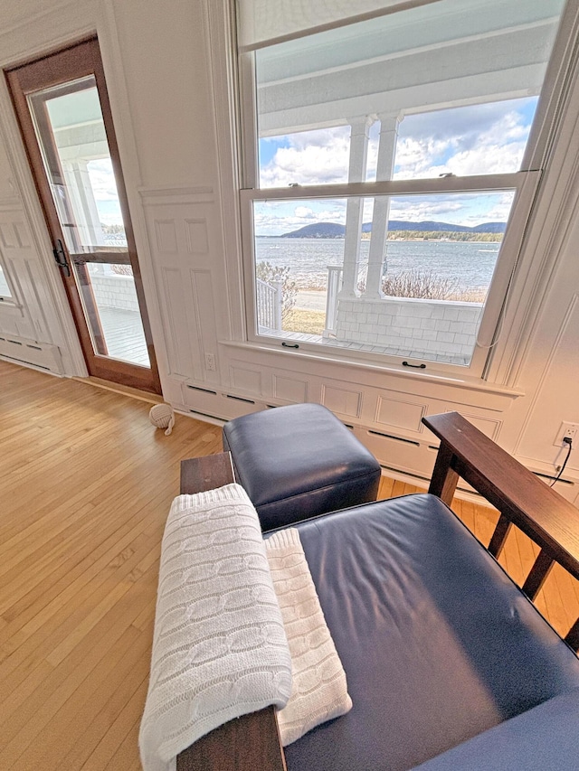living area featuring a decorative wall, a baseboard radiator, healthy amount of natural light, and light wood finished floors