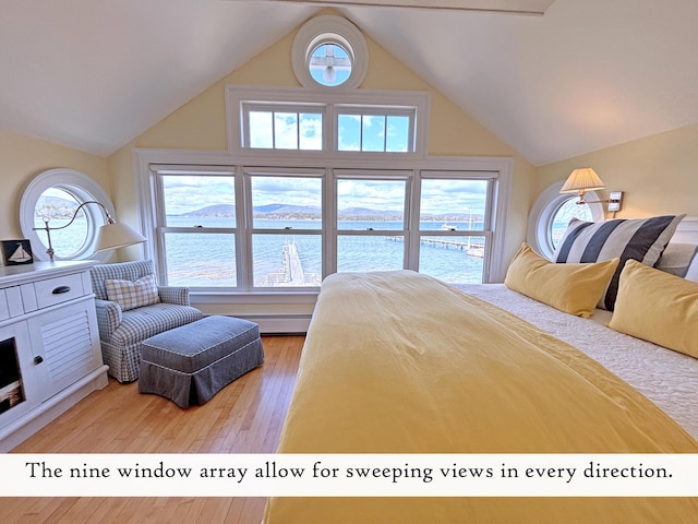 bedroom with wood finished floors, vaulted ceiling, a water view, and a baseboard heating unit