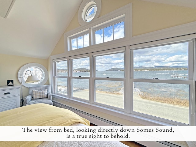 bedroom with vaulted ceiling and a water view