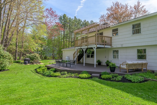 56 Carroll St, Falmouth, ME 04105 - rear view of property featuring a pergola, a wooden deck, and a lawn