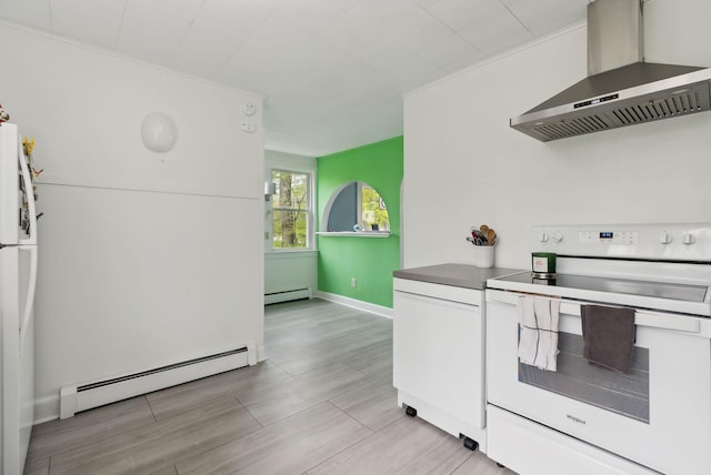 38 Falmouth Rd, Falmouth, ME 04105 - kitchen featuring white appliances, a baseboard heating unit, wall chimney exhaust hood, and light wood-style floors
