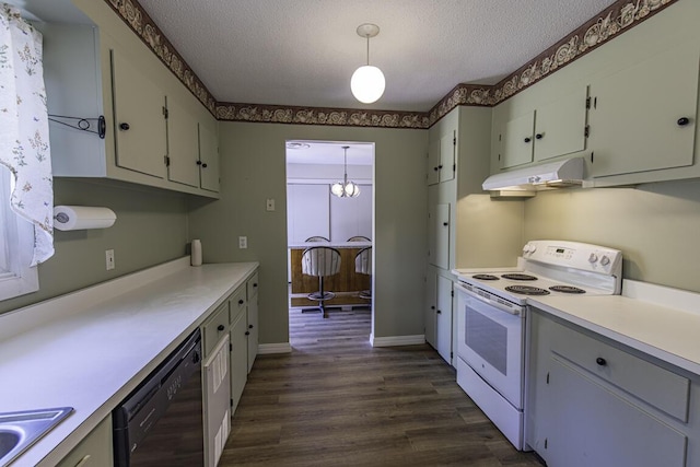 29 Fields Pond Rd, Holden, ME 04429 - kitchen featuring white electric range oven, under cabinet range hood, black dishwasher, dark wood-style flooring, and a textured ceiling
