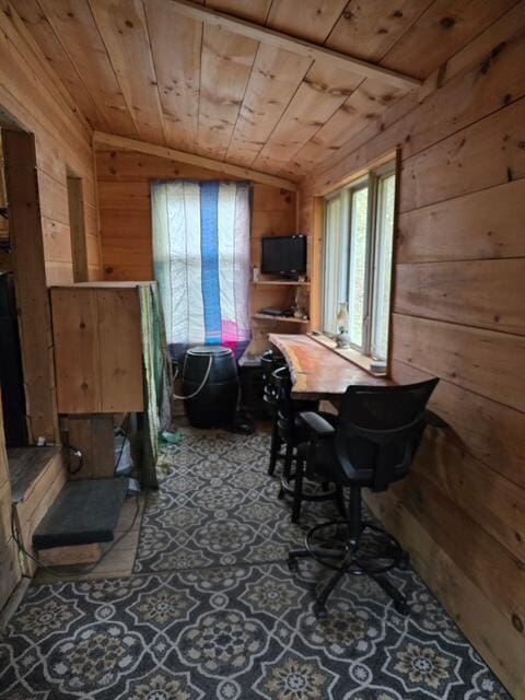103 Fellows Ln, Winthrop, ME 04364 - sitting room featuring wooden walls, wooden ceiling, vaulted ceiling, and an office area