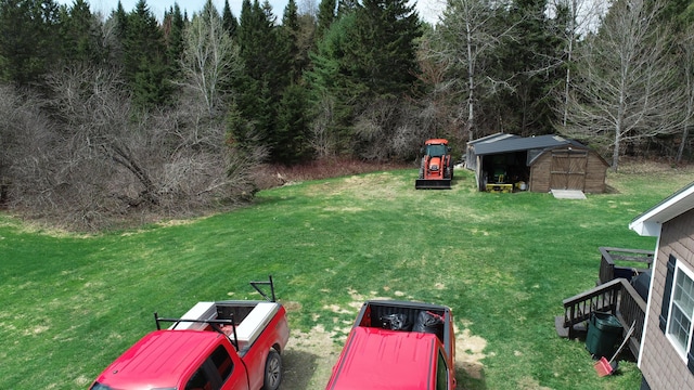 176 Smyrna Center Rd, Smyrna, ME 04780 - view of green lawn featuring a shed, an outbuilding, and a forest view