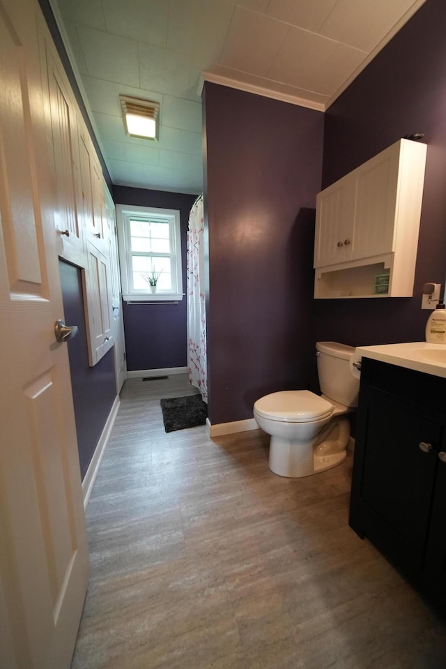 176 Smyrna Center Rd, Smyrna, ME 04780 - full bath featuring toilet, baseboards, vanity, wood finished floors, and a shower with curtain