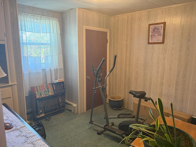 863 Sturtevant Hill Rd, Winthrop, ME 04364 - bedroom featuring wood walls, a baseboard heating unit, and carpet