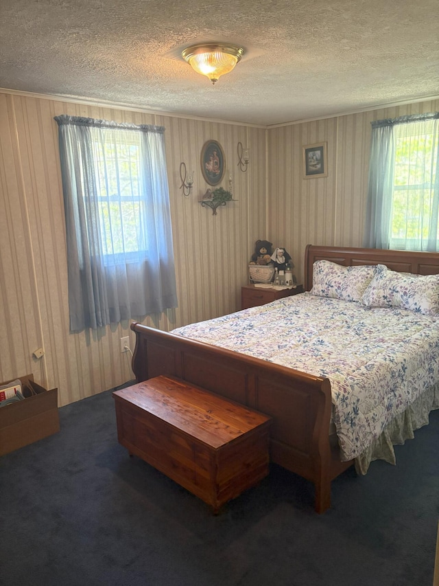 863 Sturtevant Hill Rd, Winthrop, ME 04364 - carpeted bedroom featuring a textured ceiling, wooden walls, and ornamental molding