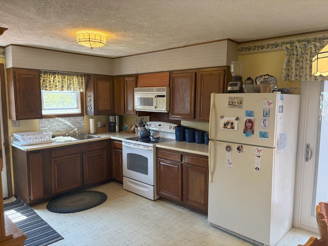863 Sturtevant Hill Rd, Winthrop, ME 04364 - kitchen featuring white appliances, a sink, a textured ceiling, light countertops, and ornamental molding