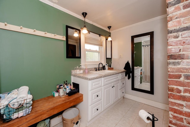 10 River St, Strong, ME 04983 - full bathroom featuring tile patterned flooring, crown molding, vanity, and baseboards