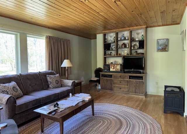 898 Sebec Village Rd, Sebec, ME 04481 - living room with wood ceiling, light wood-style floors, and baseboards